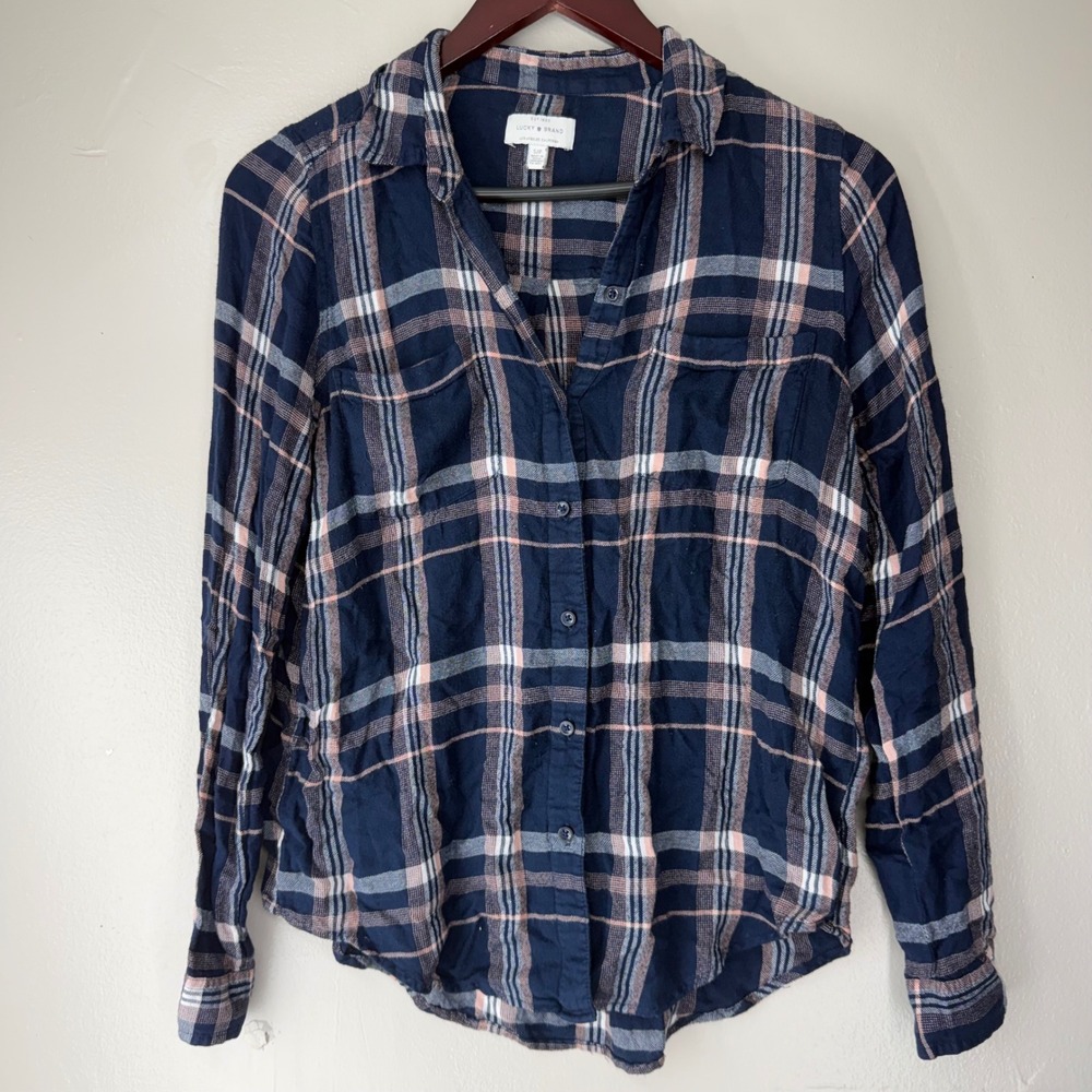 Lucky Brand Navy Blue Pink Plaid Modal Viscose Button Down Shirt Small